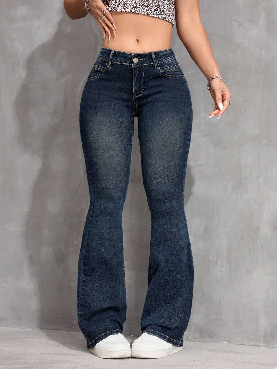 SHEIN ICON 冬季加大码女式复古弹力修身喇叭牛仔裤，百搭牛仔竞技风格