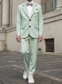 SHEIN 2pcs Tween Boy Formal Suit Set - Blazer Jacket + Trousers, Formal Attire For Birthday Party, Wedding, Christening, Birthday, Graduation