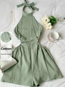 Comfortcana Jednokolorowy damski kombinezon z wycięciem i wiązaniem przy szyi - Zielony - Zobacz 1