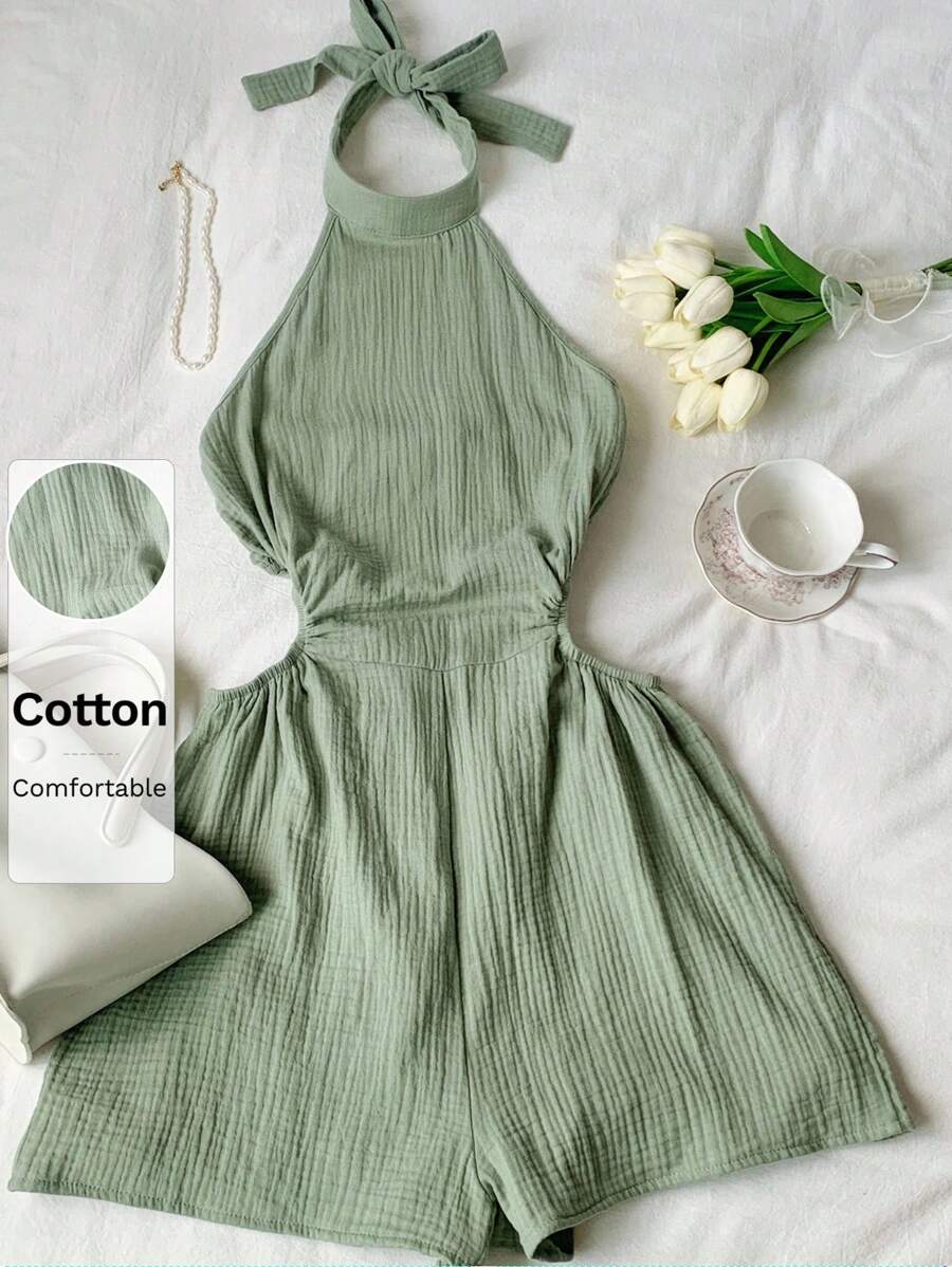 Comfortcana Jednokolorowy damski kombinezon z wycięciem i wiązaniem przy szyi - Zielony - Zobacz 1