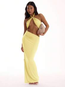 MUSERA Slinky Cross Front Cut Out Maxi Dress Vacation Summer Boho Elegant Holiday Ibiza Beach Fall Winter Wedding Guest Long Dress - Yellow - View 3