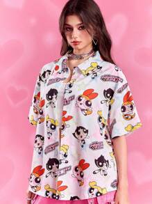 THE POWERPUFF GIRLS X SHEIN 女款白色卡通可爱宽松衬衫，花朵、泡泡、毛茛图案，基本款休闲时尚，开学季女士，开学季，学校上衣，基本款上衣，秋冬 - 彩色 - 查看 5