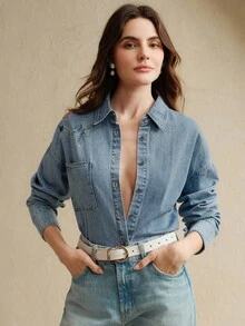 Anewsta 时尚女士珍珠刺绣蓝色牛仔衬衫 - 藍色 - 查看 7