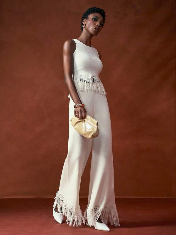 Zivah 2025 Summer And Autumn Casual Elegant Commuter White Slim Sleeveless Hem Splicing Tassel Vest + Wide Leg Splicing Tassel Trousers Women Sweater Two Pieces Set, Suitable For Daily Commuting, Elegant, Party Gathering, Dinner, Festival, Going Out, Travel, Vacation, Graduation-A