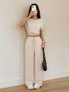 SHEIN PETITE Batwing Sleeve Crop Top & Drawstring Waist Pants Textured Fabric Two Pieces Two Pieces Set Beige Two Pieces Set Casual Two Pieces Set Comfortable Two Pieces Set Tall Two Pieces Set Two Pieces Pants Set Women Two Pieces Set - Apricot - View 5