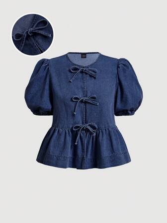 SHEIN X ELOISA & ORSON SHEIN MOD Women's 90s Fashion Women Vintage Clothes, Crew Neck Shirt, Sweet Blue Denim Short Sleeve Top With Puff Sleeves, Bow Shirts, Back To School Clothes, Fall Clothes, Cruise Women Outfits, Women Blouses, Fall Tops, Bubble Shirt, Bow Shirt, School Shirts, Light Blue Shirt, Homecoming Shirt, Birthday Outfit