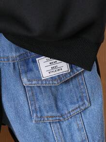 SHEIN 2 件套男婴牛仔拼布圆领运动衫和黑色裤子套装，休闲日常穿着 - 彩色 - 查看 4