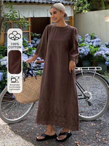 DAZY 新款夏季杏色镂空复古浪漫中长连衣裙，圆领，秋季度假女装 - 棕色 - 查看 1