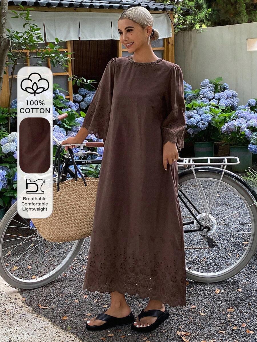 DAZY 新款夏季杏色镂空复古浪漫中长连衣裙，圆领，秋季度假女装 - 棕色 - 查看 1