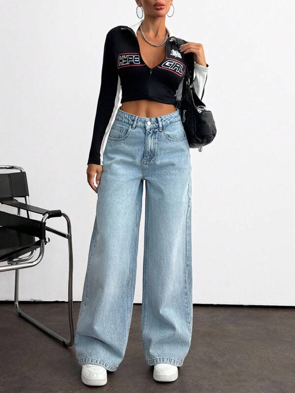 EURMUSE High Waist Baby Blue Wide Leg Denim Jeans Wide Leg Jeans Baggy Jeans Oversized Jeans Loose Jeans Y2k Jeans