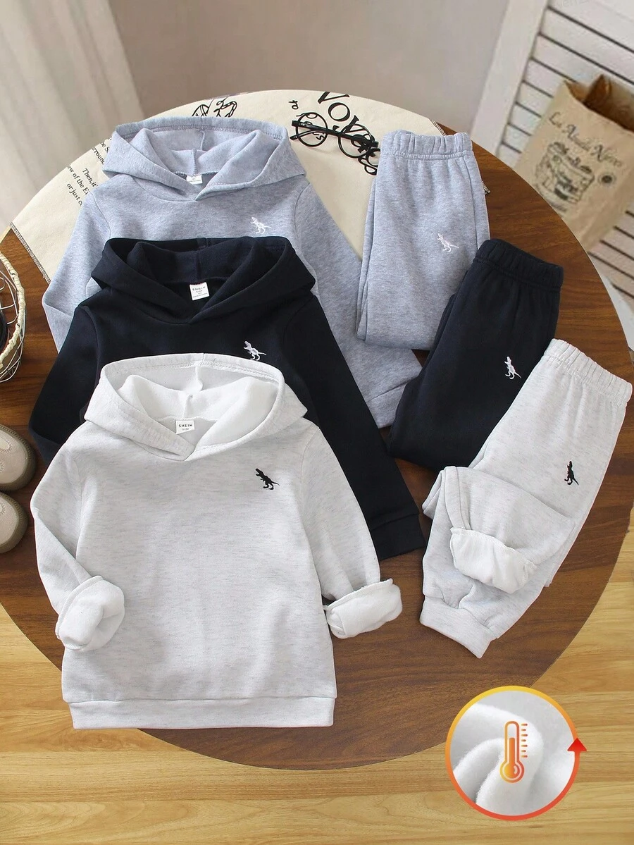 SHEIN Genkimix Kids 3pcs/Set Toddler Boys' Casual Dinosaur Embroidery Hoodie Sweatshirt & Loose Pants Outfit, High-Quality Soft Fabric, Versatile For School, Outing, Holiday, Party, Back To School Season Fall Winter