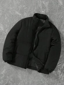 Manfinity Hypemode Abrigo acolchado de manga larga con cuello alto de unicolor para hombre, estilo corto casual para el invierno, chaqueta con cremallera negra, chaqueta de invierno, chaqueta Y2K, chaqueta acolchada, chaqueta acolchada negra, otoño