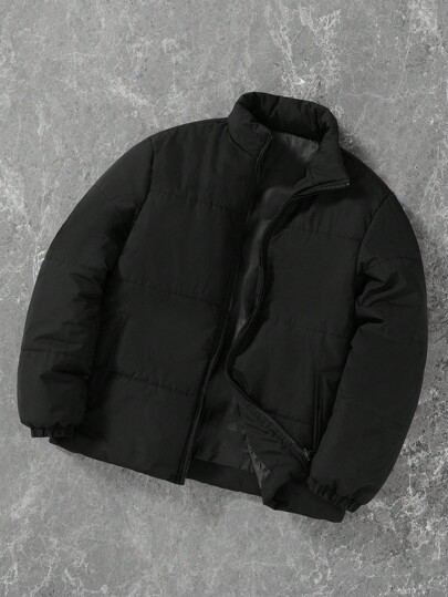 Manfinity Hypemode Men's Solid Color Stand Collar Long Sleeve Warm Padded Coat, Casual Short Style For Winter Black Zip Up Jacket Winter Jacket Y2k Jacket Puffer Jacket Black Puffer Jacket , Fall
