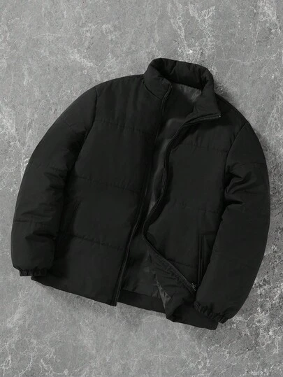 Manfinity Hypemode 男士纯色立领长袖保暖棉服外套，冬季休闲短款黑色拉链夹克冬季夹克 Y2k 夹克羽绒夹克黑色羽绒夹克，秋季