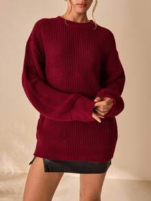 CLARA VERO 高个子女士纯色针织圆领长袖百搭毛衣，秋冬季百搭休闲套头衫，勃艮第酒红色，冬季 - 酒紅色 - 查看 3