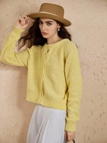 Briarwyn 秋冬老款女装纯色圆领落肩长袖休闲宽松薄款黄色开衫返校季保暖毛衣开衫 - 黃色 - 查看 6