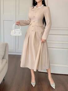 DAZY 女士秋季拼布荷叶边领灯笼袖长裙长袖连衣裙 - 杏色 - 查看 4