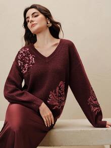 Anewsta French Elegant Dignified Floral Sequin Embroidered V-Neck Sweater - Burgundy - View 2