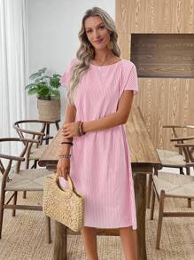 EMERY ROSE 女装夏季休闲条纹圆领连衣裙粉色条纹夏装短袖夏装夏季休闲连衣裙女度假连衣裙纯棉夏装 - 粉色 - 查看 5