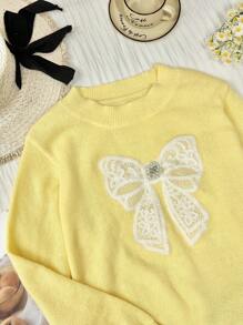 Comfortcana 大码女式休闲可爱蝴蝶结刺绣仿珍珠水晶装饰套头衫，秋季 - 黃色 - 查看 3