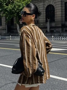 DAZY Vintage Vertical Striped Loose Fit Asymmetric Collar Long Sleeve Shirt Fall,Winter - Brown - View 2