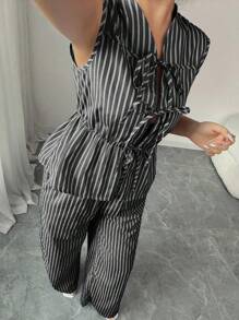 Elenzga 女款休闲度假蓝白条纹前系带设计无袖衬衫+女款休闲度假蓝白条纹松紧腰裤 - 黑色 - 查看 5