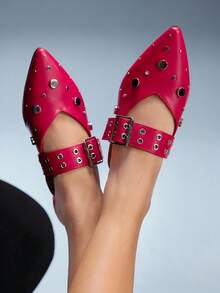 CUCCOO GRLICON Fashionable Metal Leather Belt Buckle Rivet Red Sandals - Red - View 4