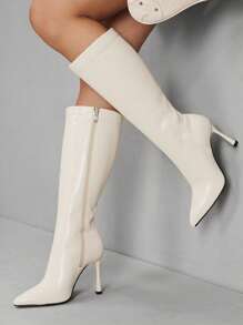 CUCCOO SZL Silver Gray Fashionable Women's Knee-High Heeled Boots - White - View 9
