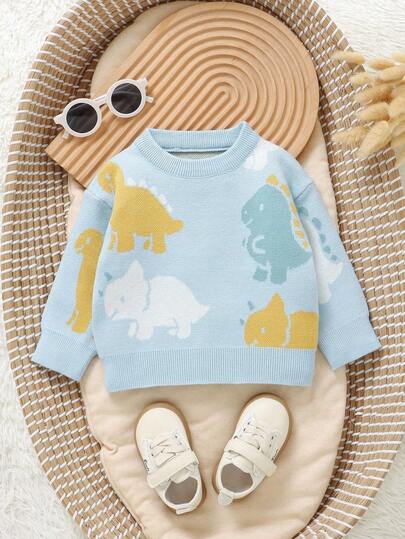 SHEIN Baby Boys' Knitted Long Sleeve Sweater, Comfortable For Autumn/Winter, Blue Versatile Fashionable Jacquard Cartoon Bear Pattern, Cute & Stylish, Suitable For Daily Wear, Home, Outdoor, Travel Baby Boy Dinosaur Sweater Knitted Baby Boy Sweater Baby Boy Jumper Baby Boy Blue Sweater Baby Boy Knitwear Fall
