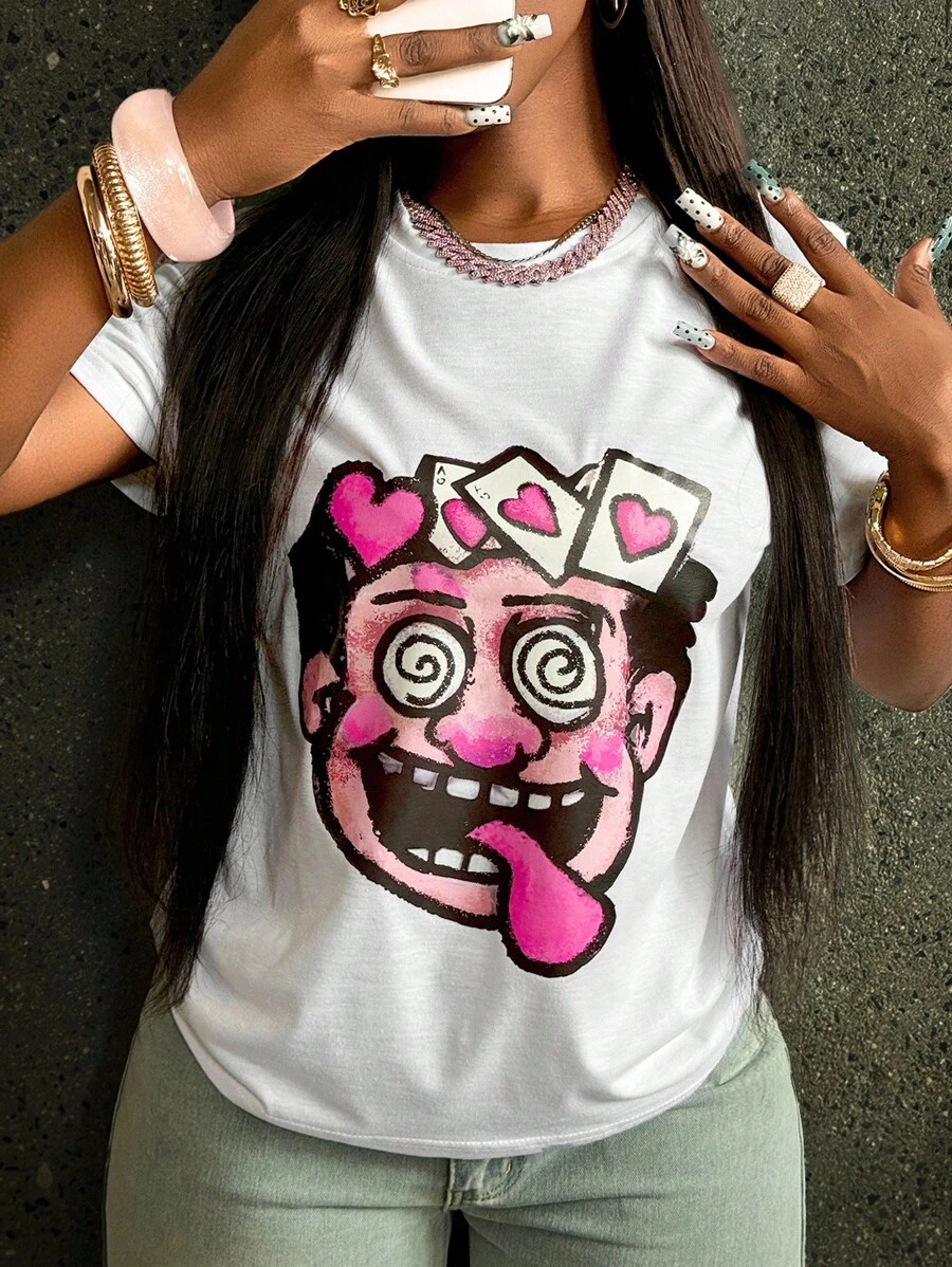 INAWLY 女款 Y2K 趣味复古卡通人物图案圆领短袖 T 恤 - 彩色 - 查看 1
