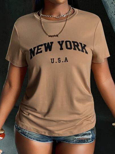 SHEIN Women's Simple Printed Round Neck Short Sleeve Summer T-Shirt Graphic Tees Women Tops