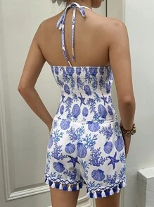 SHEIN Tall 女式印花蓝白图案流苏下摆背心和短裤套装，休闲度假装，修身夏季 - 藍白色 - 查看 2