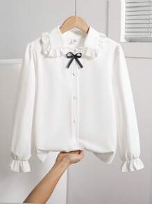 春秋新款彼得潘领3D蝴蝶结长袖宽松白衬衫甜美百搭学院风 - 白色 - 查看 1