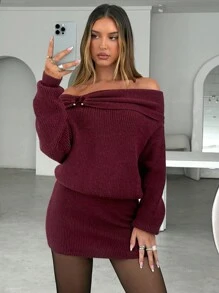 Aloruh 女士性感优雅露肩金属扣腰饰紧身迷你毛衣裙，酒红色，勃艮第红连衣裙，秋冬勃艮第红毛衣 - 酒紅色 - 查看 5