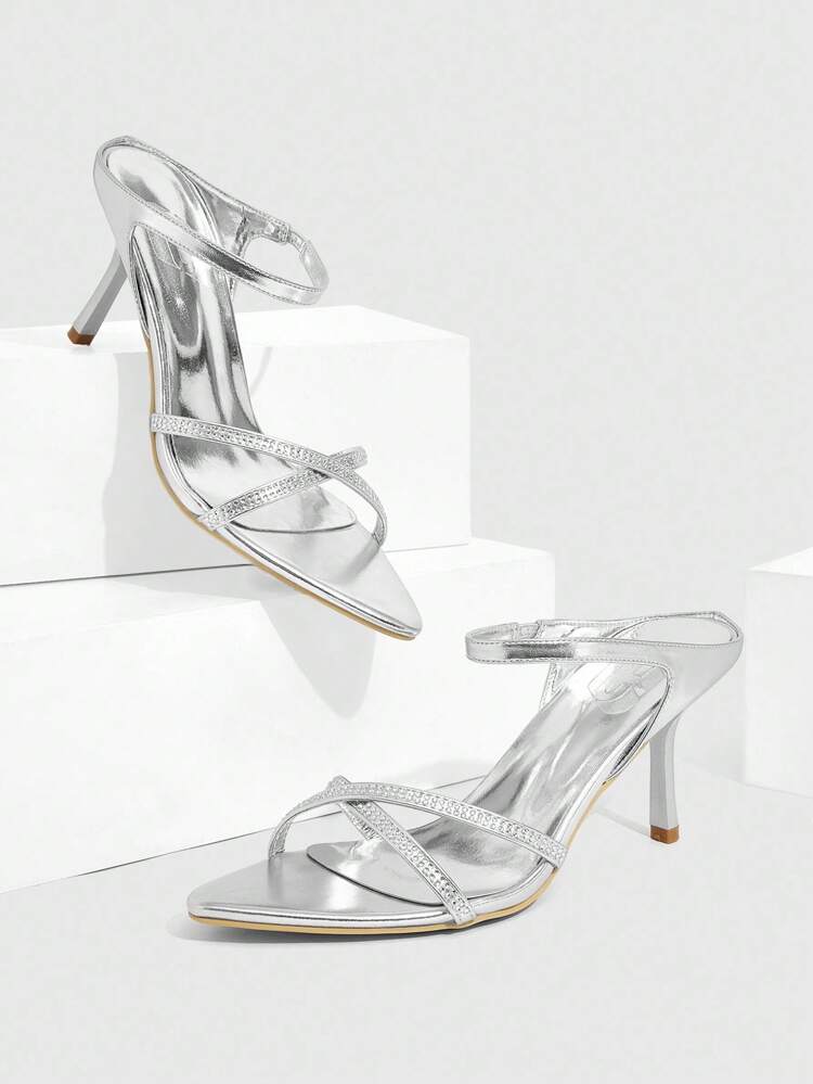 CUCCOO SZL Women's Silver Metal & Rhinestone Decor Pointed Toe Sexy High Heel Sandals