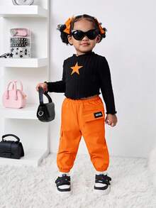 Bubblio Babygirl Cute Black Star Pattern Long Sleeve Top With Elastic Waist Orange Pants 2-Piece Set, Fashionable Outfit For Outings, Autumn/Winter Toddler Orange Outfit Baby 70s Outfit Groovy Toddler Outfit Toddler Black Top Orange Pants Baby Girl Outfits Fall - Multicolor - View 5