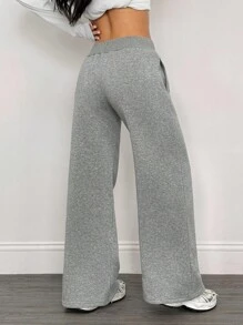 SHEIN PETITE Comfortable And Casual Plain Knitted Low Waist Wide Leg Women's Sports Pants With Fleece For Warmth In Autumn And Winter Winter Sweatpants Wide Leg Sweatpants Fleece Sweatpants Flare Sweatpants Sweatpants For Women - Grey - View 2