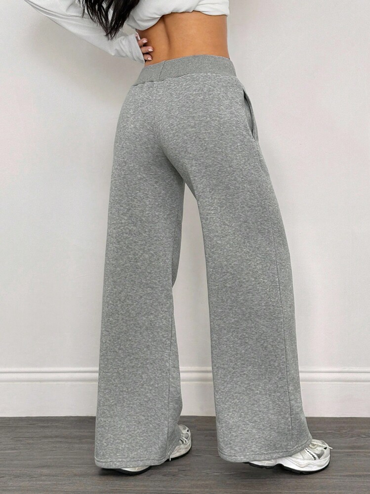 SHEIN PETITE 舒适休闲纯色针织低腰阔腿女运动长裤秋冬保暖加绒 - 灰色 - 查看 2