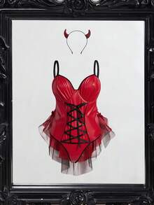 Fantasy Costume 2pcs Devil Criss-Cross Lace-Up Look Slimmer Paneled Underwire Leather Sexy Ruffle Hem Contrast Color Crotchless Lingerie Sexy Cosplay Lingerie Role Play Outfit For Halloween Party Music Festival Bar Club Devil Halloween Costume Red Lingerie Set