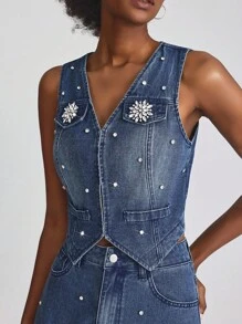 Slaydiva Women's Summer Fashion Washed Rhinestone Decor Denim Vest - Blue - View 5