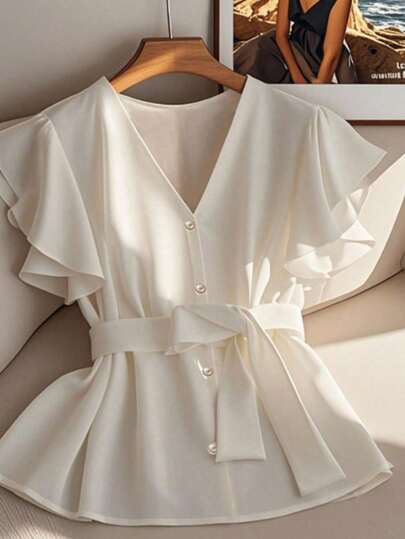 Franclia Women Summer Solid Color Ruffle Short Sleeve Single Button Elegant Blouse