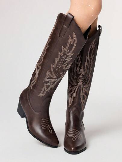 Kawaii Women's 2025 Spring/Autumn New Pointed Toe Chunky Heel Embroidered Western Boots, Spring/Autumn New Leather Over-The-Knee Boots