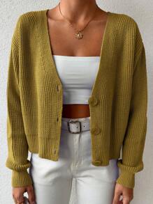 SHEIN Cottnline Women's V-Neck Button Down Cardigan - Olive Green - View 6