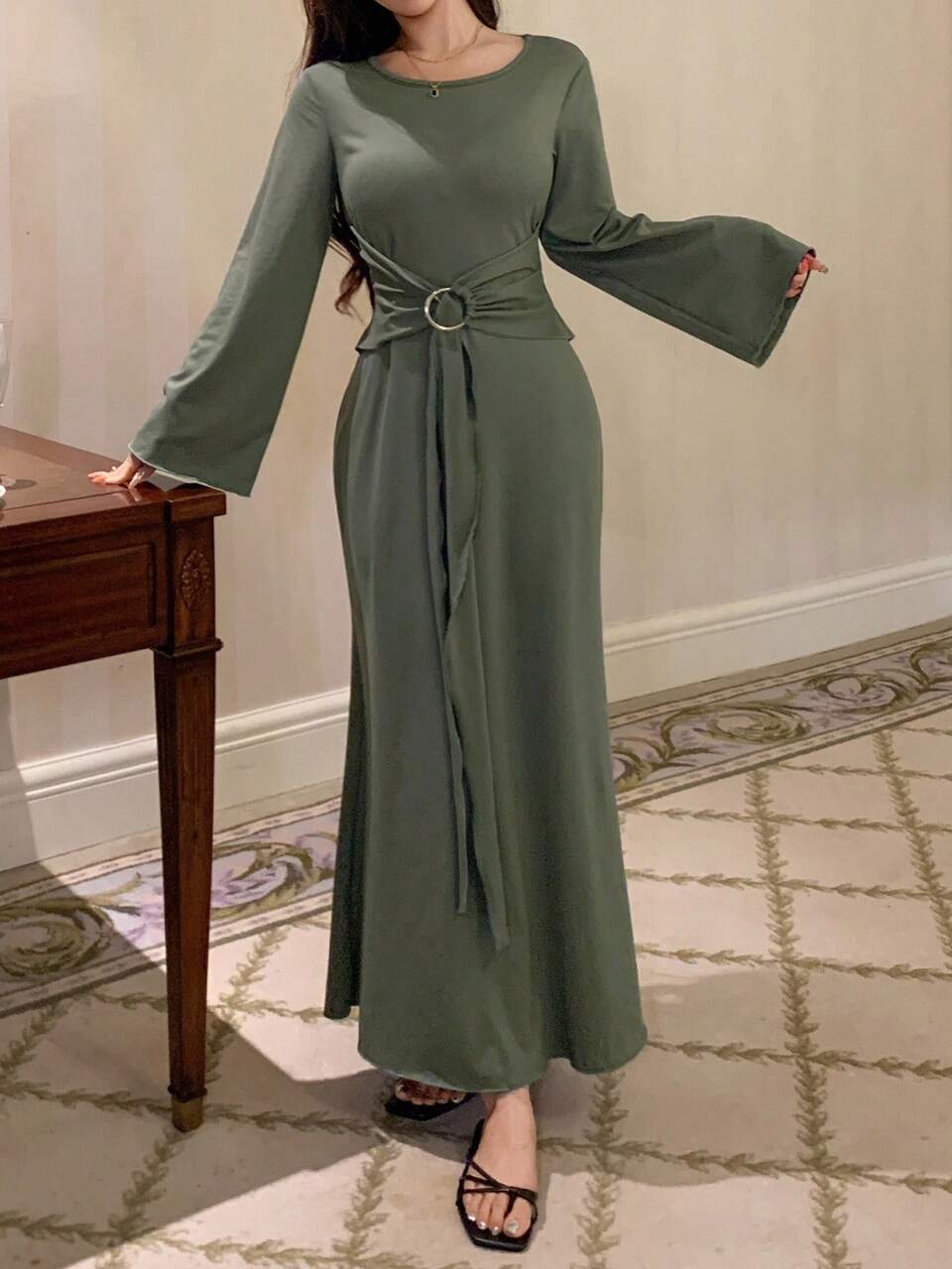 Solid Color Waist Decor Design Fitted Casual Dress For Women, Fall Pajama
