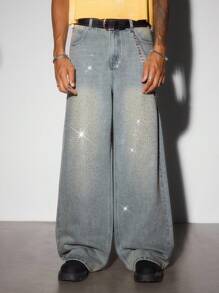 ROMWE MEN Street Life 男式复古蓝色休闲闪亮水钻宽松牛仔裤 - 淺色水洗藍 - 查看 8