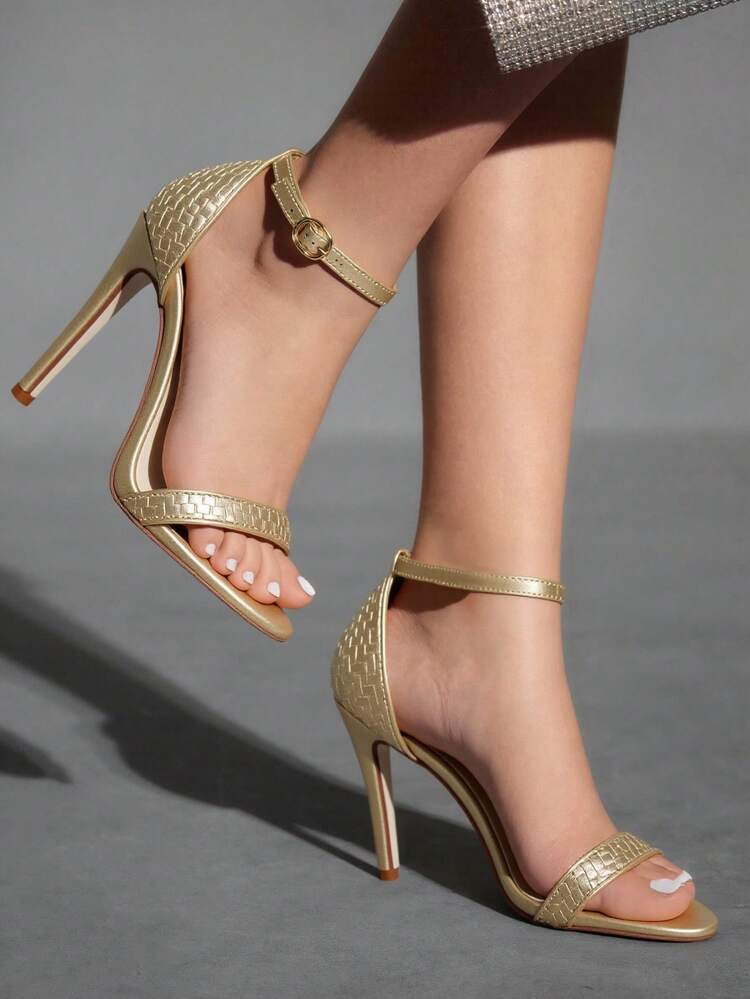 CUCCOO SZL Women's Summer New Strap Woven Metallic Color Fashion Thin High-Heel Sandals