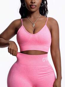 SHEIN Dewbera Women's Solid Color Ribbed Everyday Workout Sports Bra - Pink - View 5