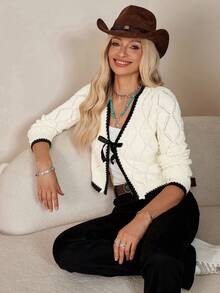 LanaWest Casual French Design Argyle Textured Contrast Trim Long Sleeve Knit Cardigan,Long Sleeve Tops