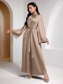 Veilorie 结领、喇叭袖、系带收腰优雅派对连衣裙 - 卡其色 - 查看 3