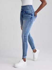 Slaydiva Calça Jeans Skinny de Cintura Alta Lavado Casual Feminino - Azul - Visão 4
